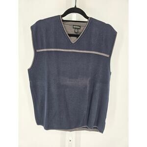 Vintage Reunion Mens Sz XL V Neck Sweater Vest Navy Blue Taupe Trim